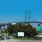 Vincent Thomas Bridge, connecting San Pedro to Long Beach. Base of the 110 Freeway.